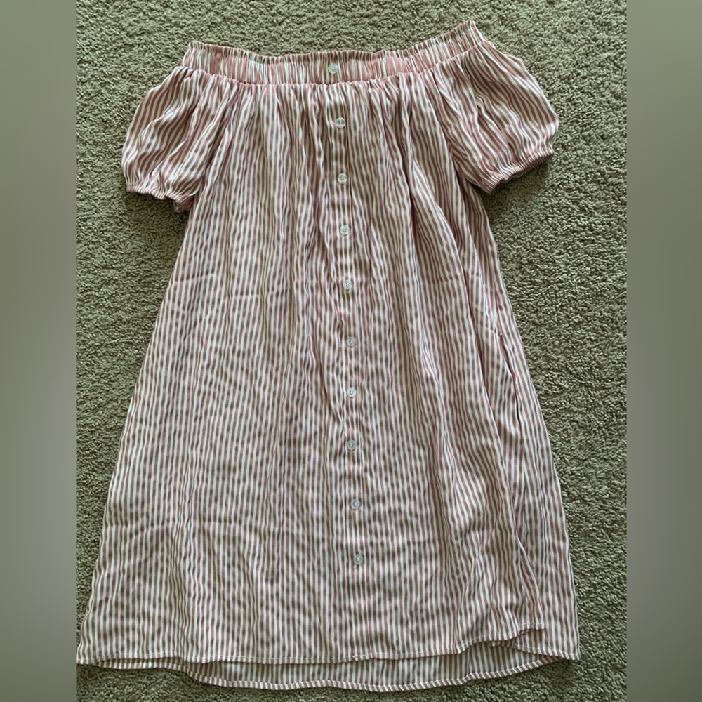 Ninexis dress, off the shoulder, size medium, pink and white stripped, women’s